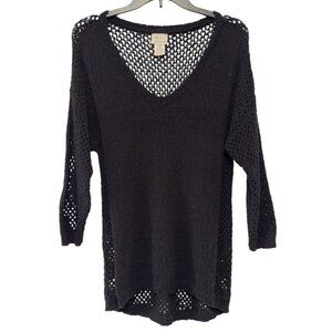 AJ Andrea Jovine Black Open Knit Sweater Top V-Neck Tunic